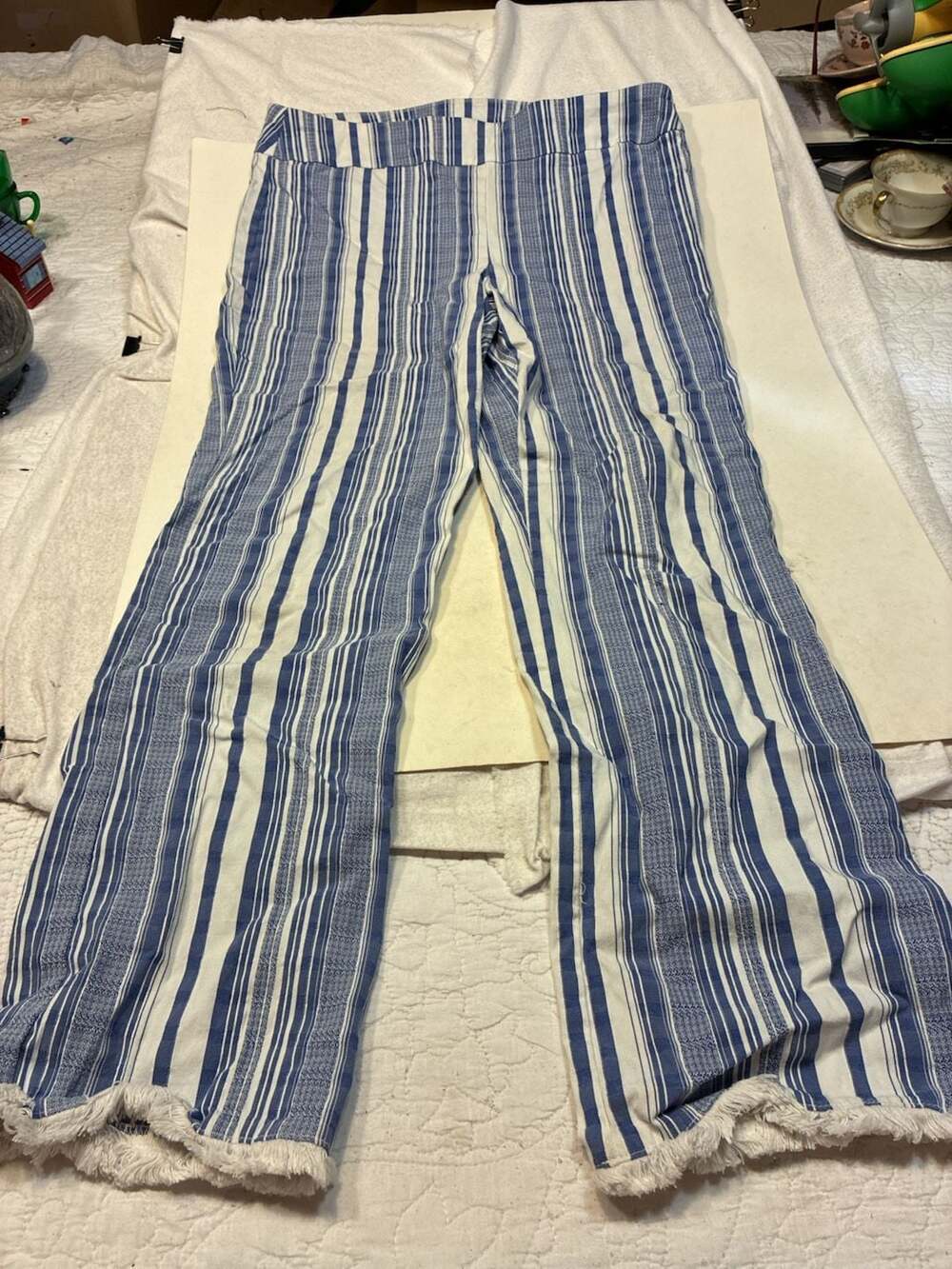 Attyre New York Blue and White Striped Fringe Hem Flare Pants Size 10